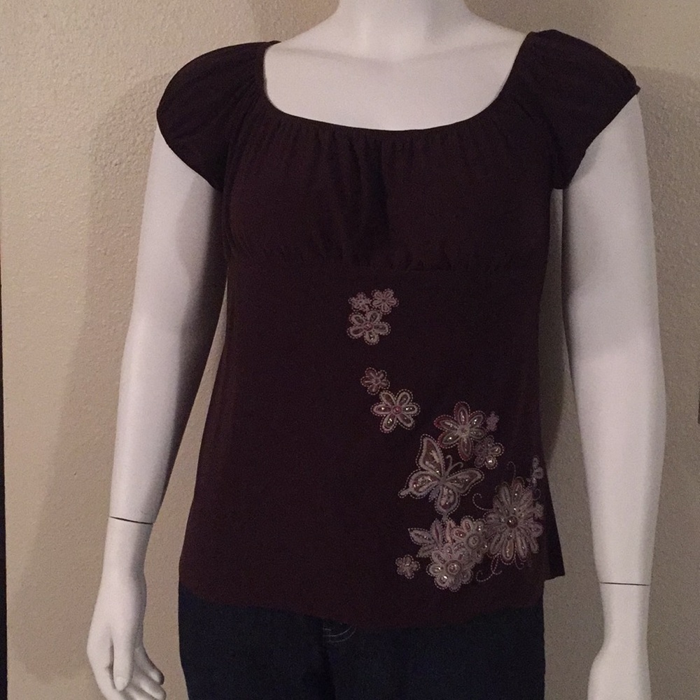 Brown blouse with butterfly and flower details